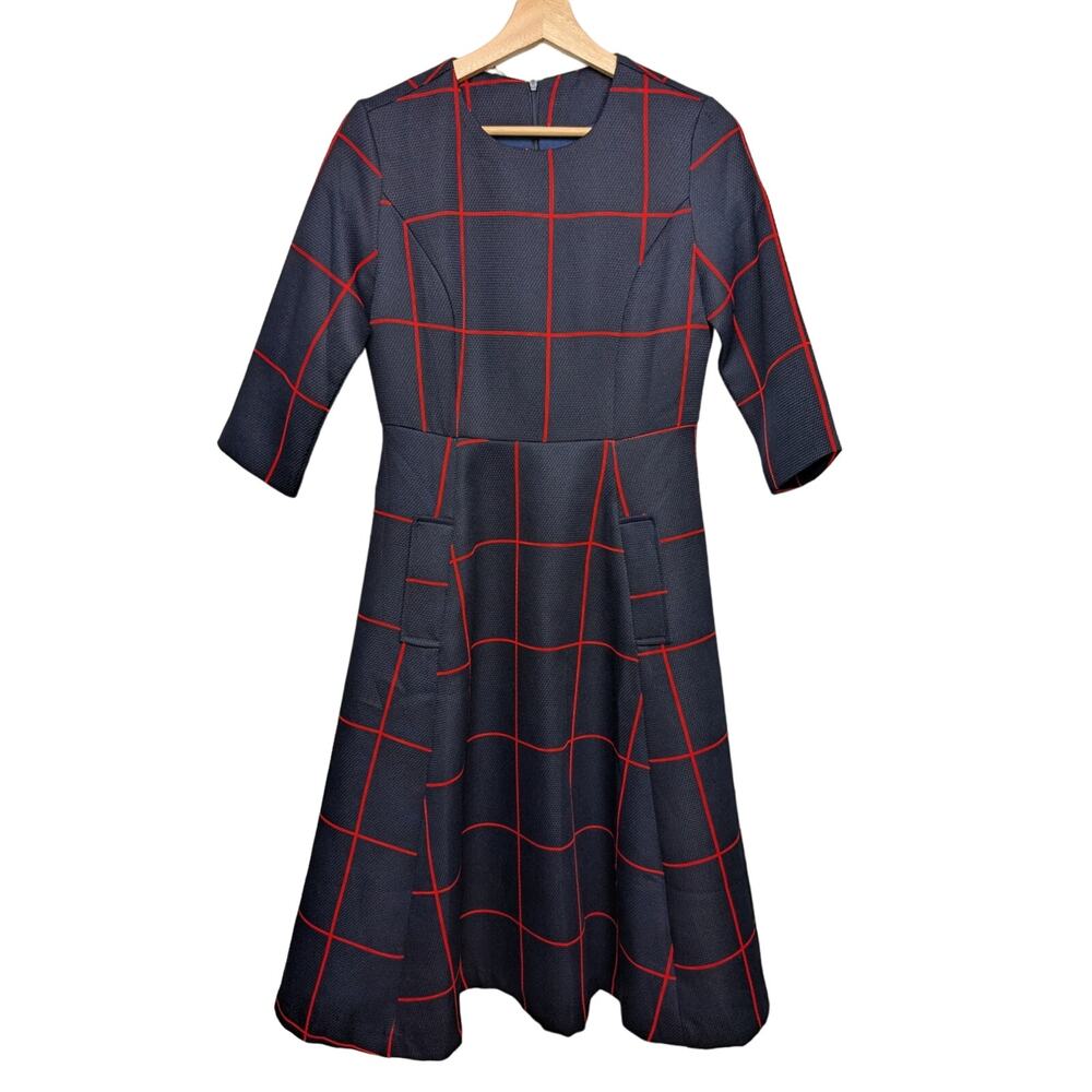 Metisu ALine Dress Navy Red Windowpane Plaid Retro Style Half Sleeve Sz XS